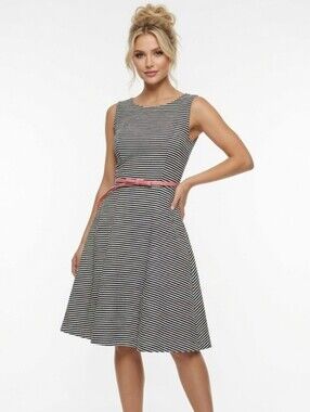Elle Black and White Striped Sleeveless Midi Dress w Pink Belt (Size: Large)
